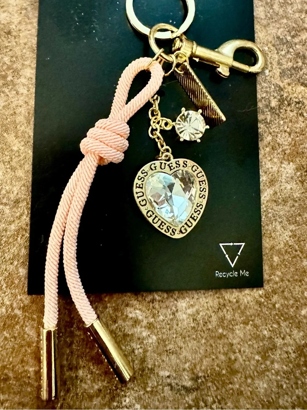 GUESS Gold-Tone Heart Crystal Keyring with Pink Cord Tassel